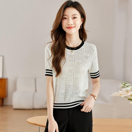 CCML-3370冰丝短袖t恤女夏季薄款针织衫上衣修身减龄洋气镂空体恤小衫女 商品图0