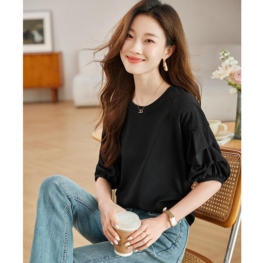 CCML-3365港风别致全棉上衣女夏季圆领拼接小衫薄款妈妈针织衫五分袖t恤薄 商品图3