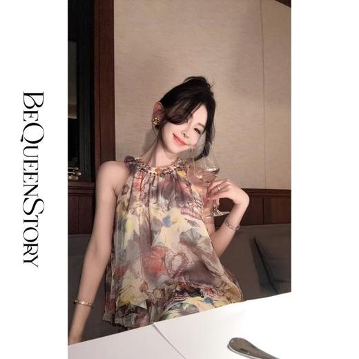 BeQueenStory【莫奈繁花】轻薄亮丝绉圆领金属装饰复古时尚休闲套装 商品图4