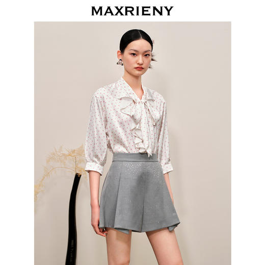 MAXRIENY复古宫廷风粉波点荷叶系带衬衫上衣(货号:MC88TP561) 商品图2