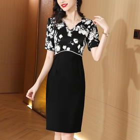 AHM-8613法式轻熟风黑色连衣裙夏季新款高腰气质印花假两件包臀裙子