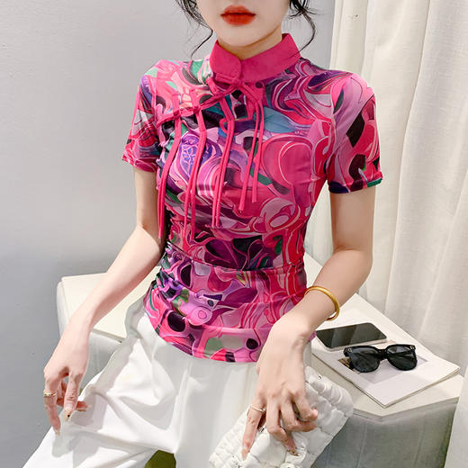 KQL-8159新中式国风设计感盘扣立领短袖印花T恤女打底衫欧货上衣潮 商品图2