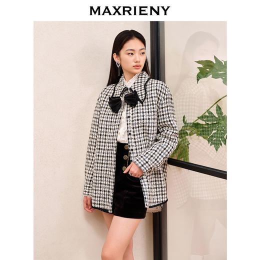 MAXRIENY名媛千金小香风翻领衬衫式外套黑白格纹大衣格雷系穿搭(货号:MS88JA522) 商品图2