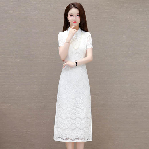 短袖蕾丝网纱裙，长款旗袍连衣裙QYM-LRX-QP2431-Y 商品图1