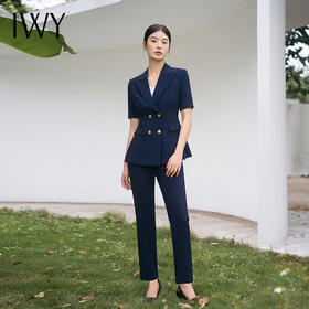 IWY/短袖藏青色西装套装干练高级西服外套气质置业经理商务职业装C13208+P13208
