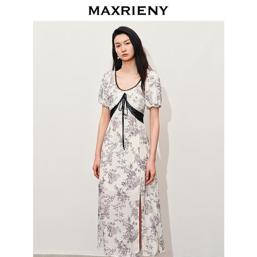 玛克门店发货:MAXRIENY国风手绘复古色蕾丝装饰连衣裙桑蚕丝裙子(货号:MC85DR263) 商品图2
