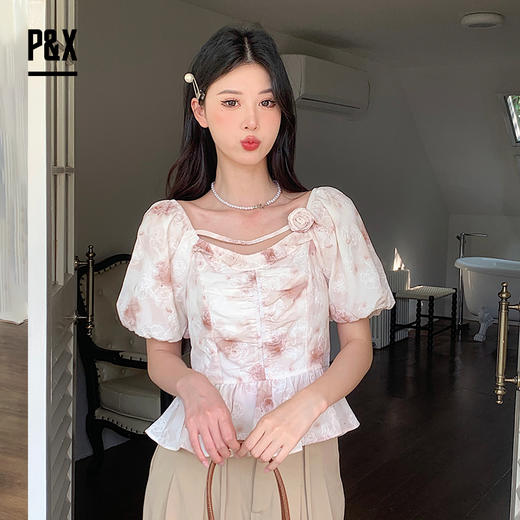 P&X设计师女装夏季碎花法式气质方领甜美短款小衫824228180 花色 商品图2
