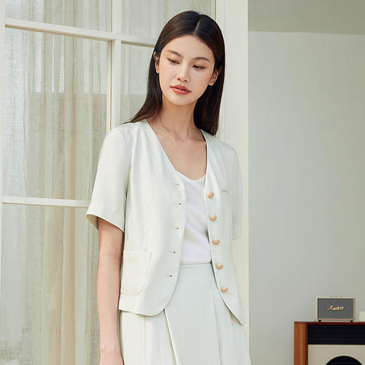玳莎V领天丝短款外套女士2024夏季新款简约通勤上班纯色短袖上衣  EB37101 商品图1