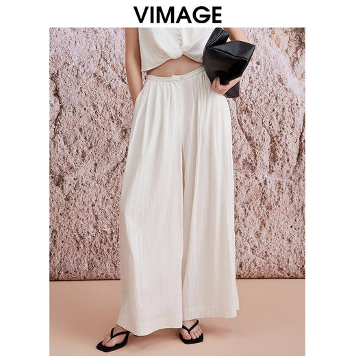 VIMAGE纬漫纪夏季新款气质高级感白色高腰显瘦阔腿长裤休闲裤V2105730 商品图5