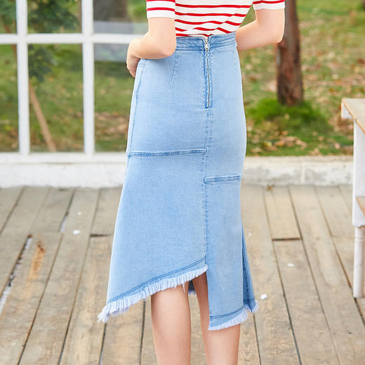 欧芮儿2019秋装新显瘦牛仔半身裙女修身中长裙复古不规则A字裙 商品图3