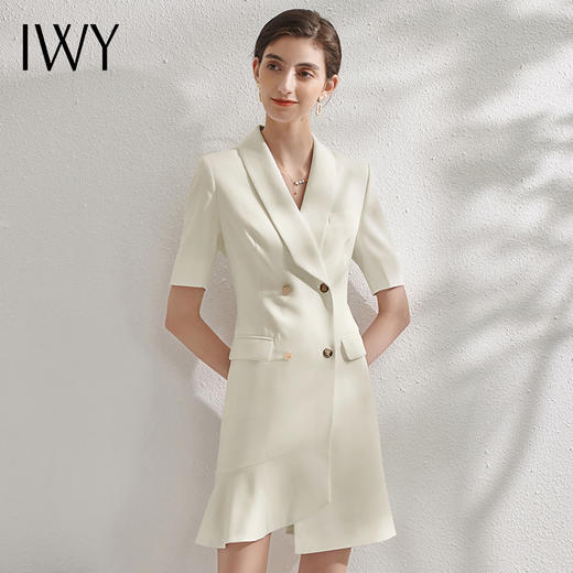 IWY/夏杏色职业连衣裙女短袖设计感修身西装裙播音面试正装美容院Q11255 商品图0