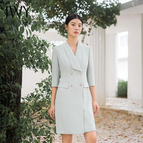 IWY/夏季七分袖绿色连衣裙女双排扣修身美容师高级通勤西装裙Q14235