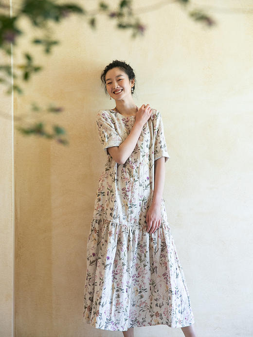 牧衣游原创 印花亚麻连衣裙女夏新款轻薄宽松浪漫气质碎花裙 祈语 商品图2
