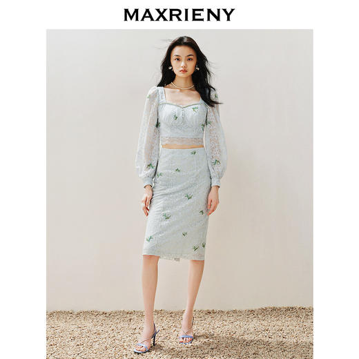 MAXRIENY精致复古感蕾丝半裙竹叶提花2024夏季新款高腰修身裙子(货号:MS85SK069) 商品图1