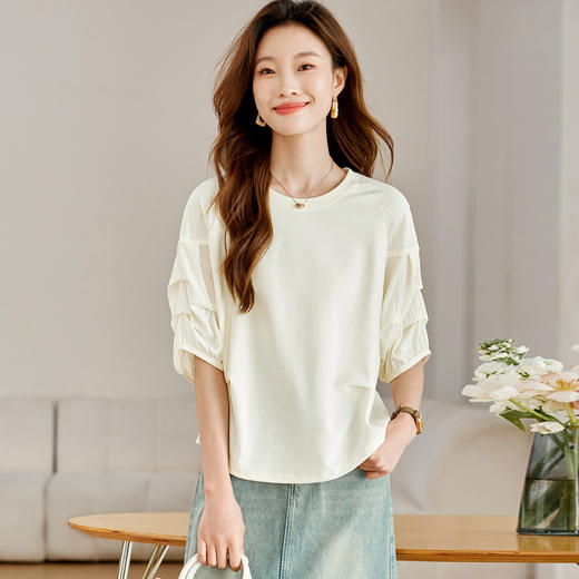 CCML-3365港风别致全棉上衣女夏季圆领拼接小衫薄款妈妈针织衫五分袖t恤薄 商品图0