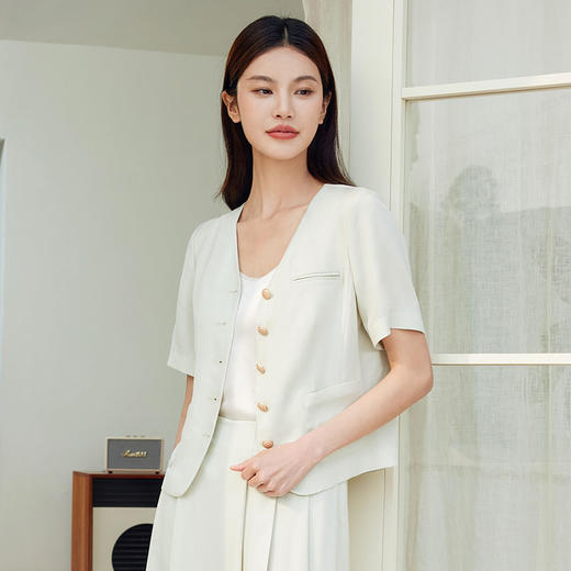 玳莎V领天丝短款外套女士2024夏季新款简约通勤上班纯色短袖上衣  EB37101 商品图2