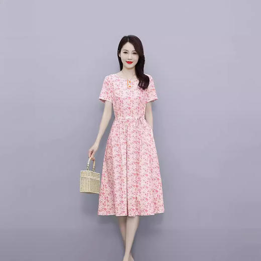 HT-6252棉麻短袖连衣裙2024夏收腰显瘦时尚气质甜美印花裙子 商品图3