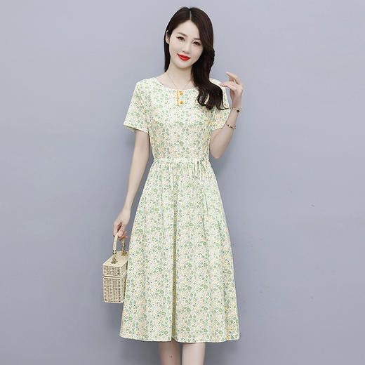HT-6252棉麻短袖连衣裙2024夏收腰显瘦时尚气质甜美印花裙子 商品图7
