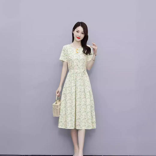 HT-6252棉麻短袖连衣裙2024夏收腰显瘦时尚气质甜美印花裙子 商品图4