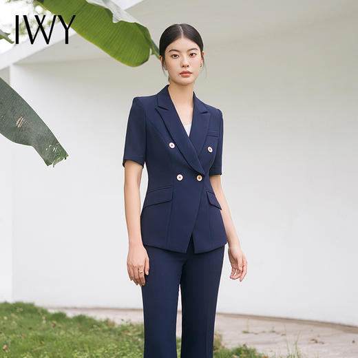 IWY/藏青色短袖西装套装西服外套女高级商务修身经理上班ol两件套C13216+P33216 商品图1