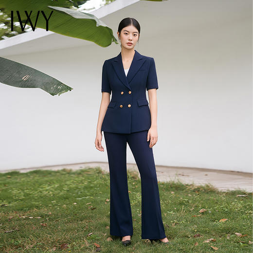 IWY/高端藏青色西装套装短袖职业西付外套商务干练微喇裤装两件套C13208+P33208 商品图1