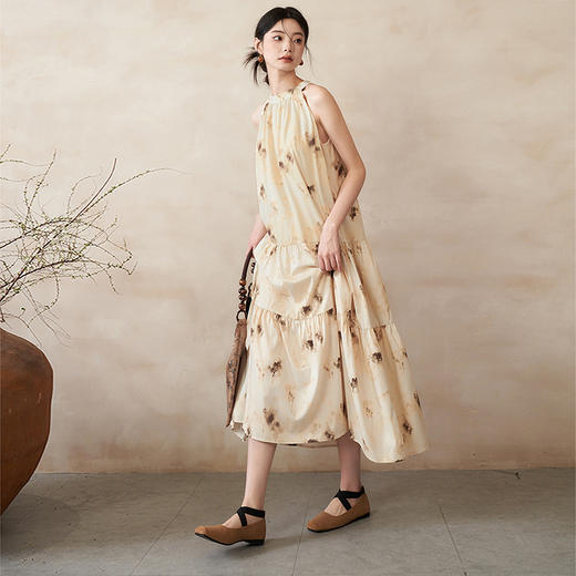 水墨晕染清冷气质连衣裙女新款挂脖A字垂感长裙V0640386 商品图1