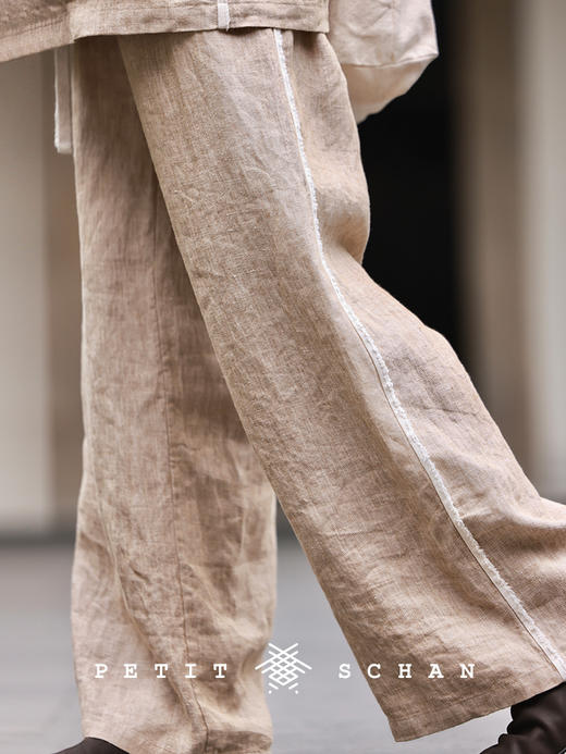 PETIT SCHAN小闪 CLO#487 in former days 昔日 色织亚麻汉麻拼贴装饰直筒裤 商品图0