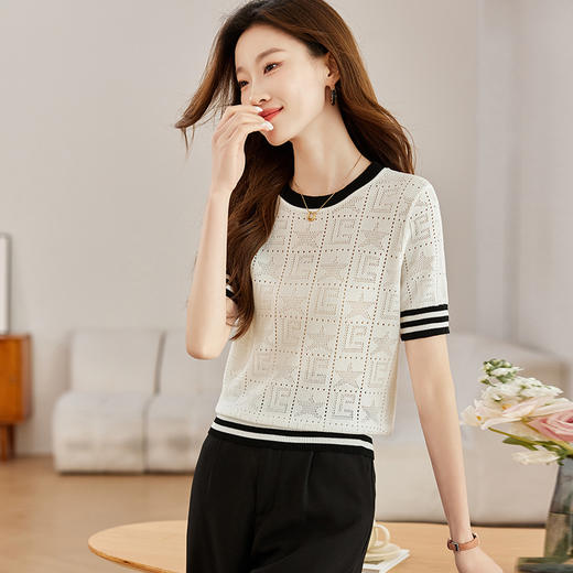 CCML-3370冰丝短袖t恤女夏季薄款针织衫上衣修身减龄洋气镂空体恤小衫女 商品图1