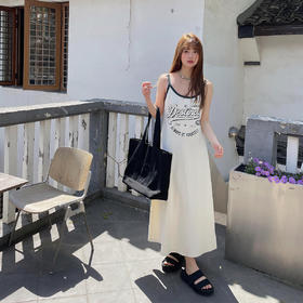 2024 长款胸前做旧字母印花撞色吊带背心裙女夏季大码裙子