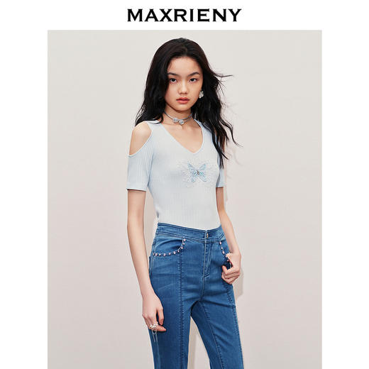 MAXRIENY刺绣蝴蝶露肩套头针织衫2024夏季新款修身显瘦上衣女(货号:MS85SW004) 商品图2