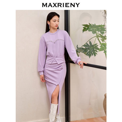 MAXRIENY精致高级感气质紫色开衩褶皱卫衣裙23早秋包臀半裙套装(货号:MS88SK535) 商品图2