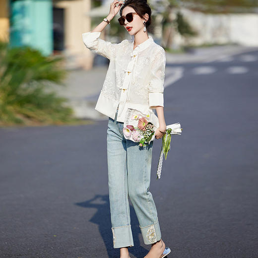 新中式国风薄款外套，小香风短款时尚白色刺绣防晒衣HR-BX2520 商品图1