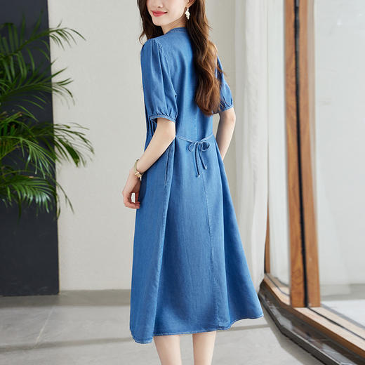 百媚生 天丝莱赛尔牛仔蓝连衣裙女中长款高腰A字裙子 商品图3