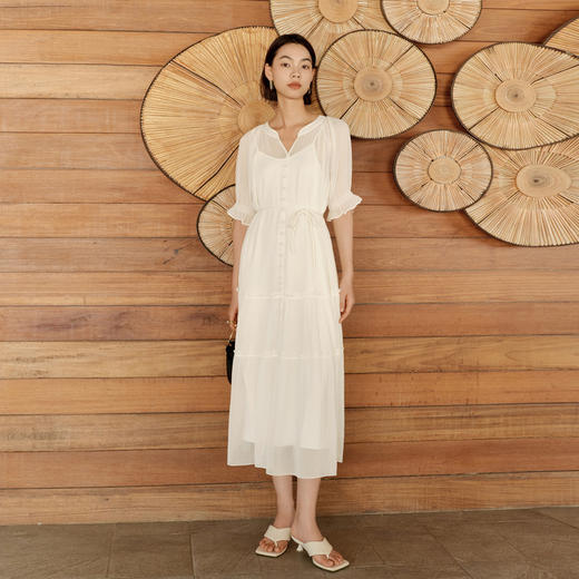 【严选】伊芙丽设计感蛋糕裙A型腰带收腰仙女裙2024春装新款气质连衣裙1F4990711 商品图0