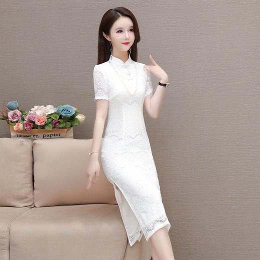 短袖蕾丝网纱裙，长款旗袍连衣裙QYM-LRX-QP2431-Y 商品图2