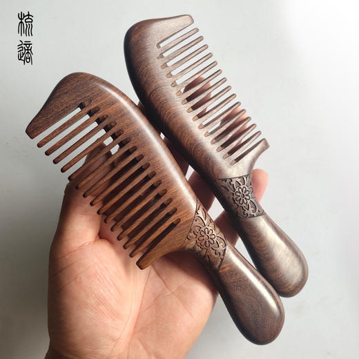 【母亲节好礼！】天然黑金檀木梳 32道工序手工打磨 雕花梳子黑金檀木梳 双面雕花长柄梳子 木质梳子-QQ--ry 商品图11