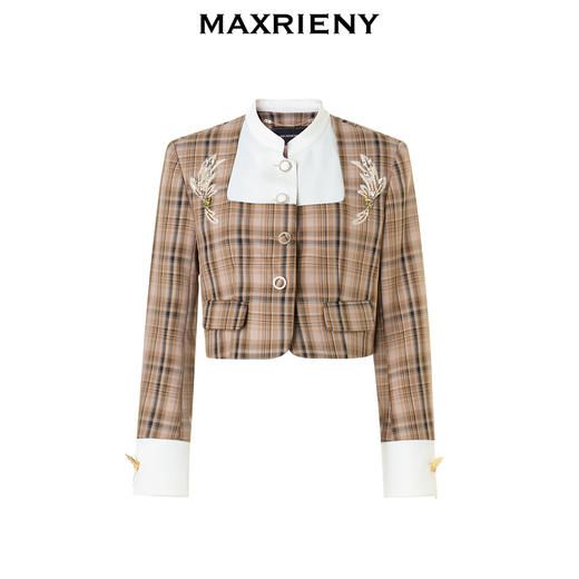 MAXRIENY复古格纹缎面解构外套美拉德穿搭(货号:MC88JA505) 商品图4