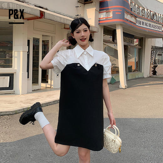 P&X设计师女装夏季宽松娃娃领拼接连衣短裙 824208265 黑/白 商品图2