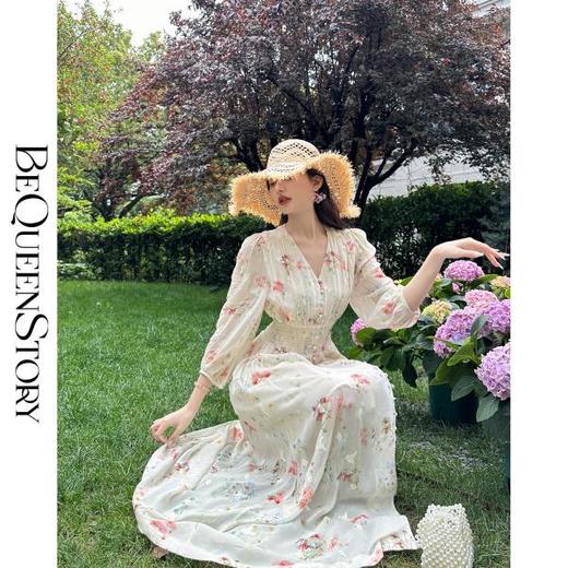 BeQueenStory【花神喜事】宽腰封金丝线立体刺绣V领长款连衣裙 商品图2