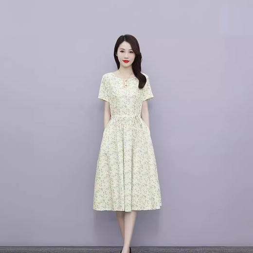 HT-6252棉麻短袖连衣裙2024夏收腰显瘦时尚气质甜美印花裙子 商品图2