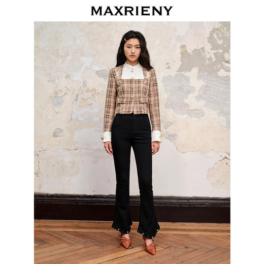 MAXRIENY复古格纹缎面解构外套美拉德穿搭(货号:MC88JA505) 商品图1