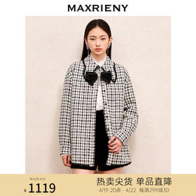 MAXRIENY名媛千金小香风翻领衬衫式外套黑白格纹大衣格雷系穿搭(货号:MS88JA522)