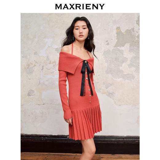 【商场同款】MAXRIENY甜美复古感翻领蝴蝶结毛织连衣裙23秋冬裙子(货号:MC88DR598) 商品图1