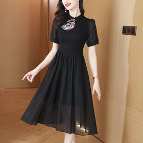 AHM-8682中国风甜美短袖套头夏季新款高级感复古绣花网纱小黑裙