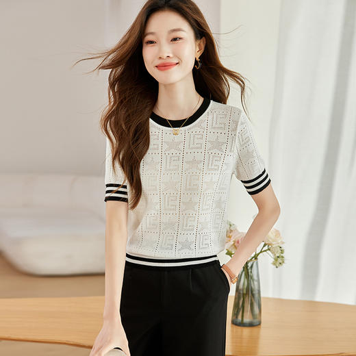 CCML-3370冰丝短袖t恤女夏季薄款针织衫上衣修身减龄洋气镂空体恤小衫女 商品图2