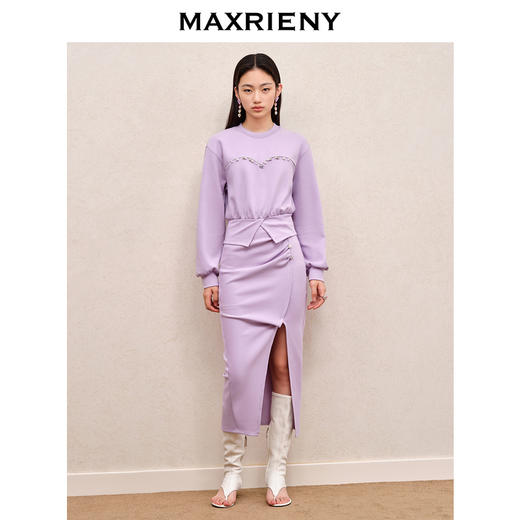 MAXRIENY精致高级感气质紫色开衩褶皱卫衣裙23早秋包臀半裙套装(货号:MS88SK535) 商品图1