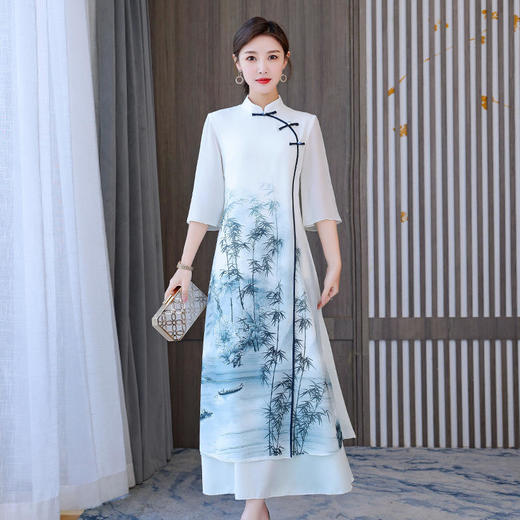 复古改良奥黛中国风气质显瘦连衣裙 商品图2