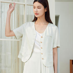 玳莎V领天丝短款外套女士2024夏季新款简约通勤上班纯色短袖上衣  EB37101