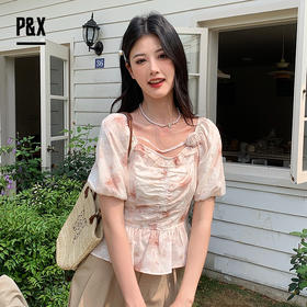 P&X设计师女装夏季碎花法式气质方领甜美短款小衫824228180 花色