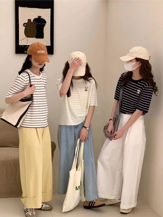 【YW】无忧购韩版百搭条纹小熊刺绣圆领宽松休闲打底上衣0923（截单后7天发货) 商品图2